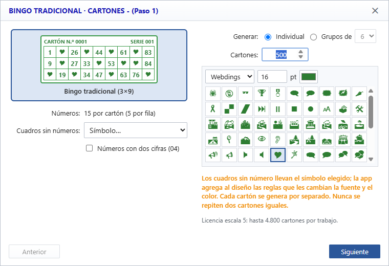 Asistente de bingo tradicional eligiendo un símbolo de Webdings para los cuadros sin número